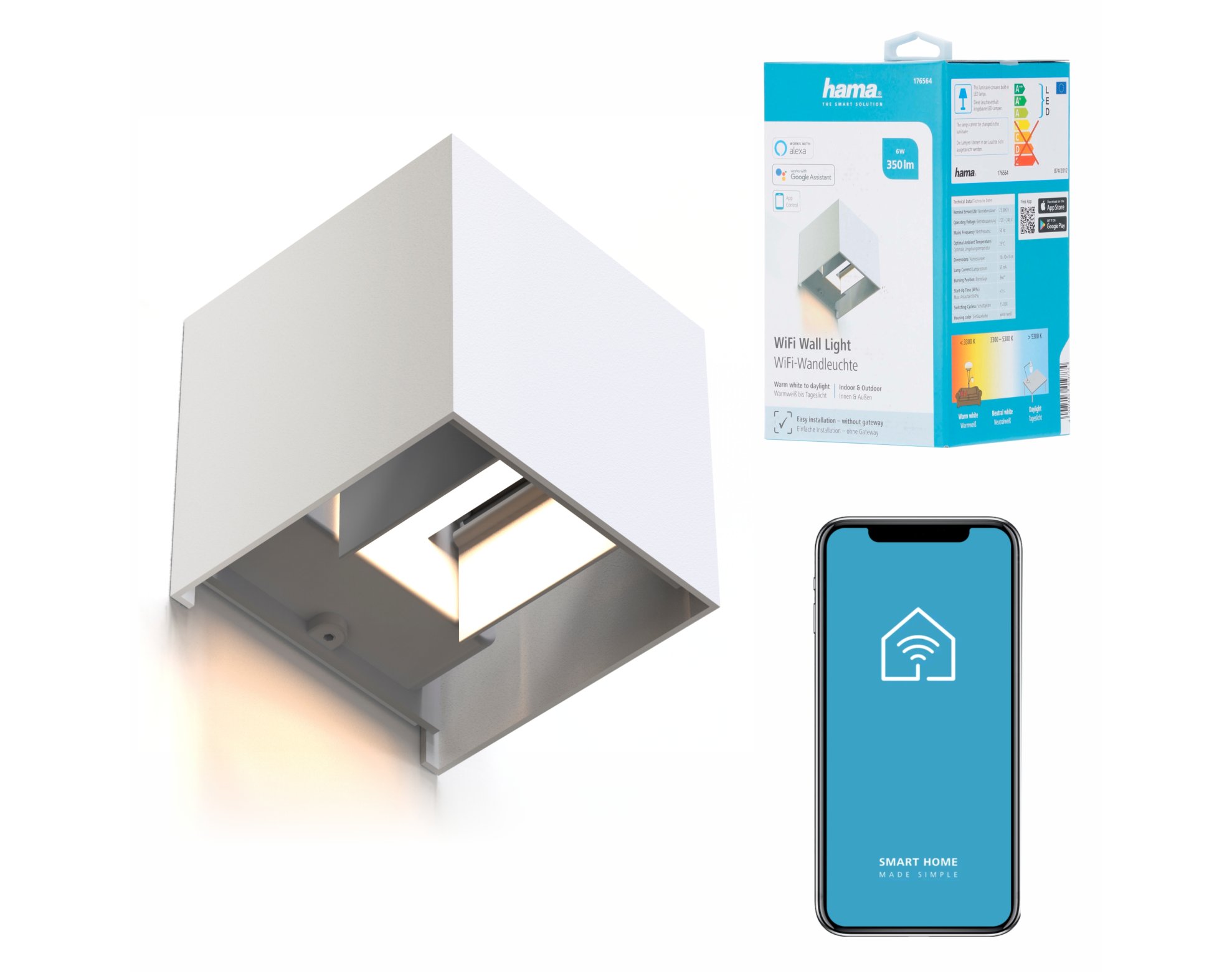 Hama Kinkiet WiFi, kwadratowy 10 cm, IP 44, biały