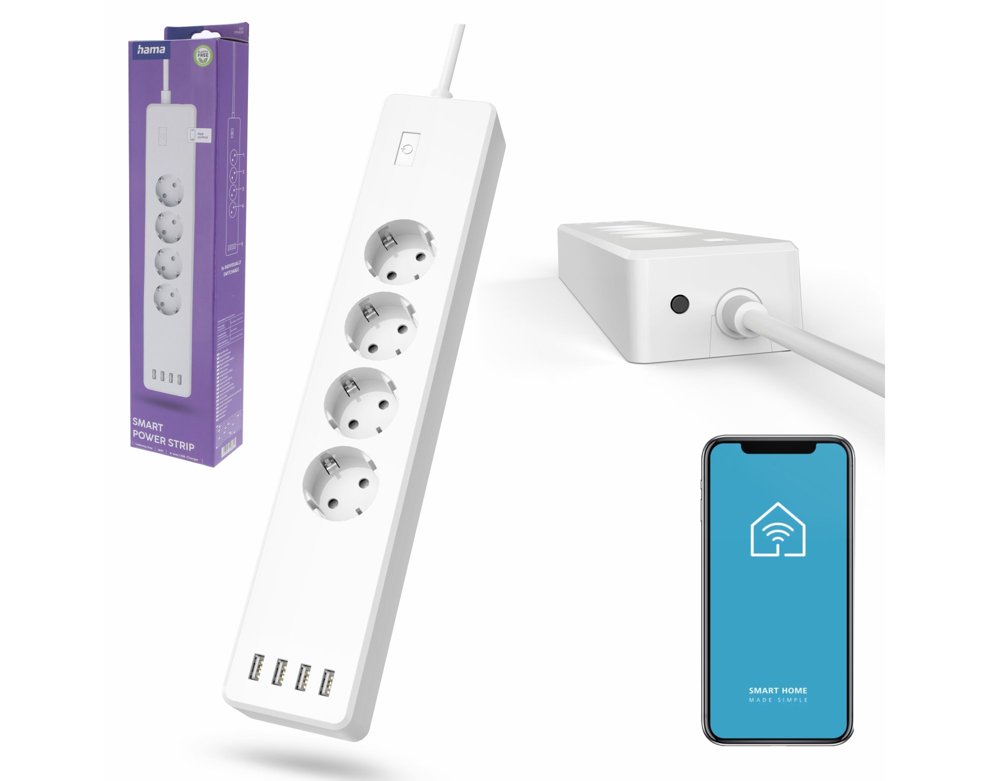 Inteligentny przedłużacz Hama Wi-Fi 4 gniazda z osobnym włącznikiem 4x USB