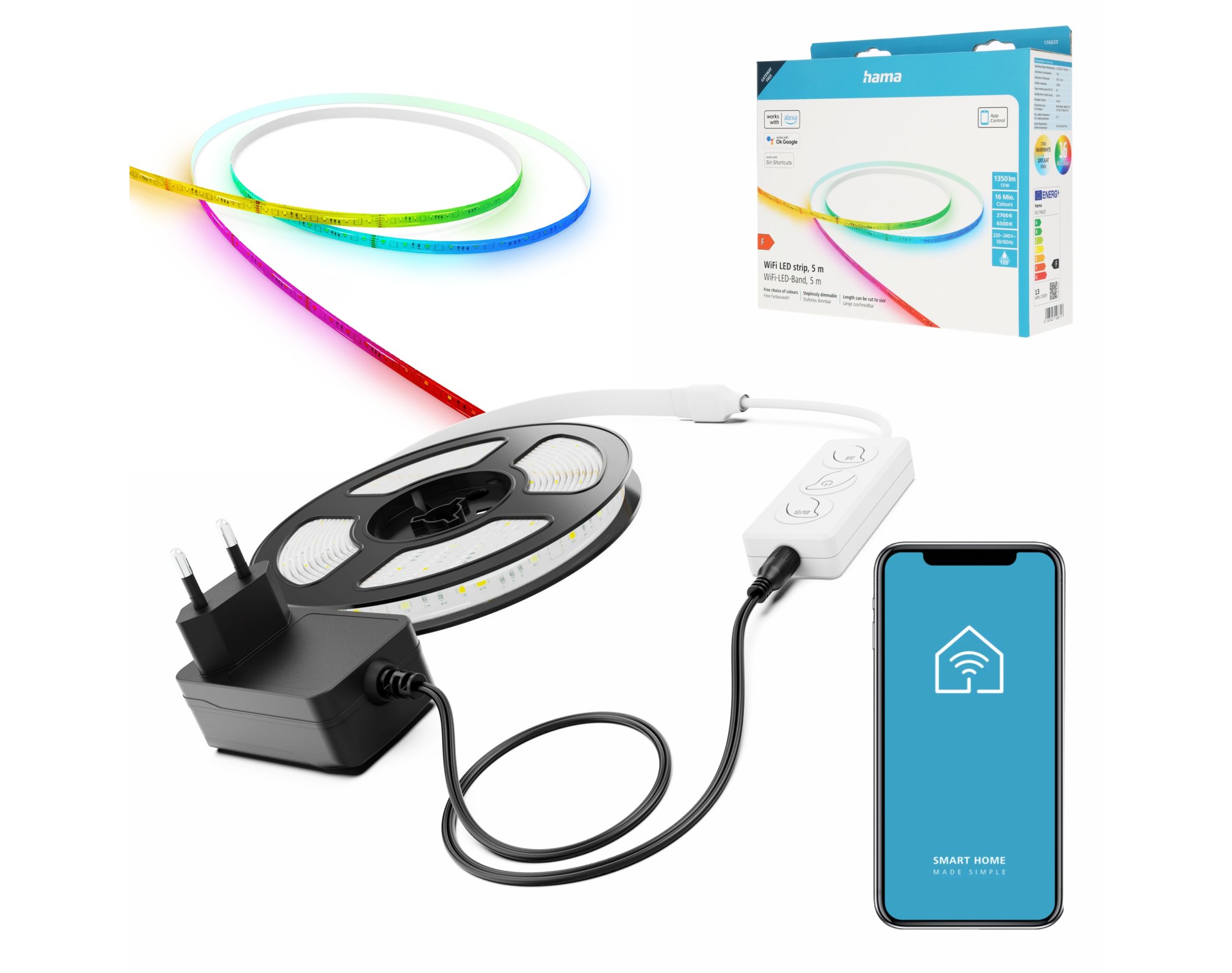 Taśma LED WiFi smart Hama z zasilaczem 5 m, kolory RGB, regulowana aplikacją